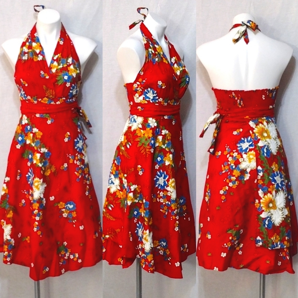 Red Hawaiian Floral Halter Backless Wrap Dress Beach Luau OS Best Fit Medium